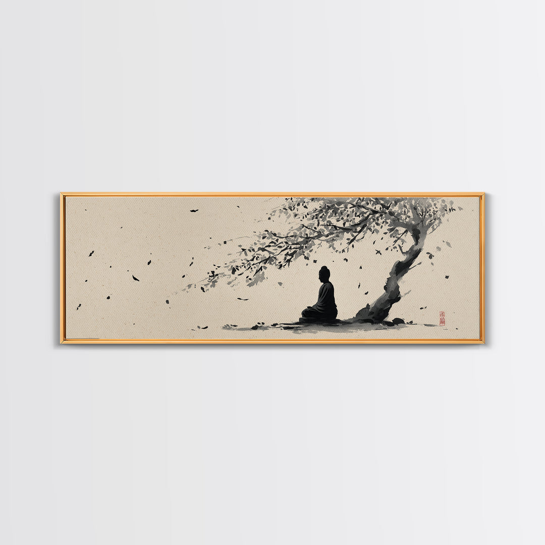 Zen Figure Under Windblown Tree Wall Art, Japanese Ink Landscape, Minimalist Zen Decor, Calming Meditation Room Art Print