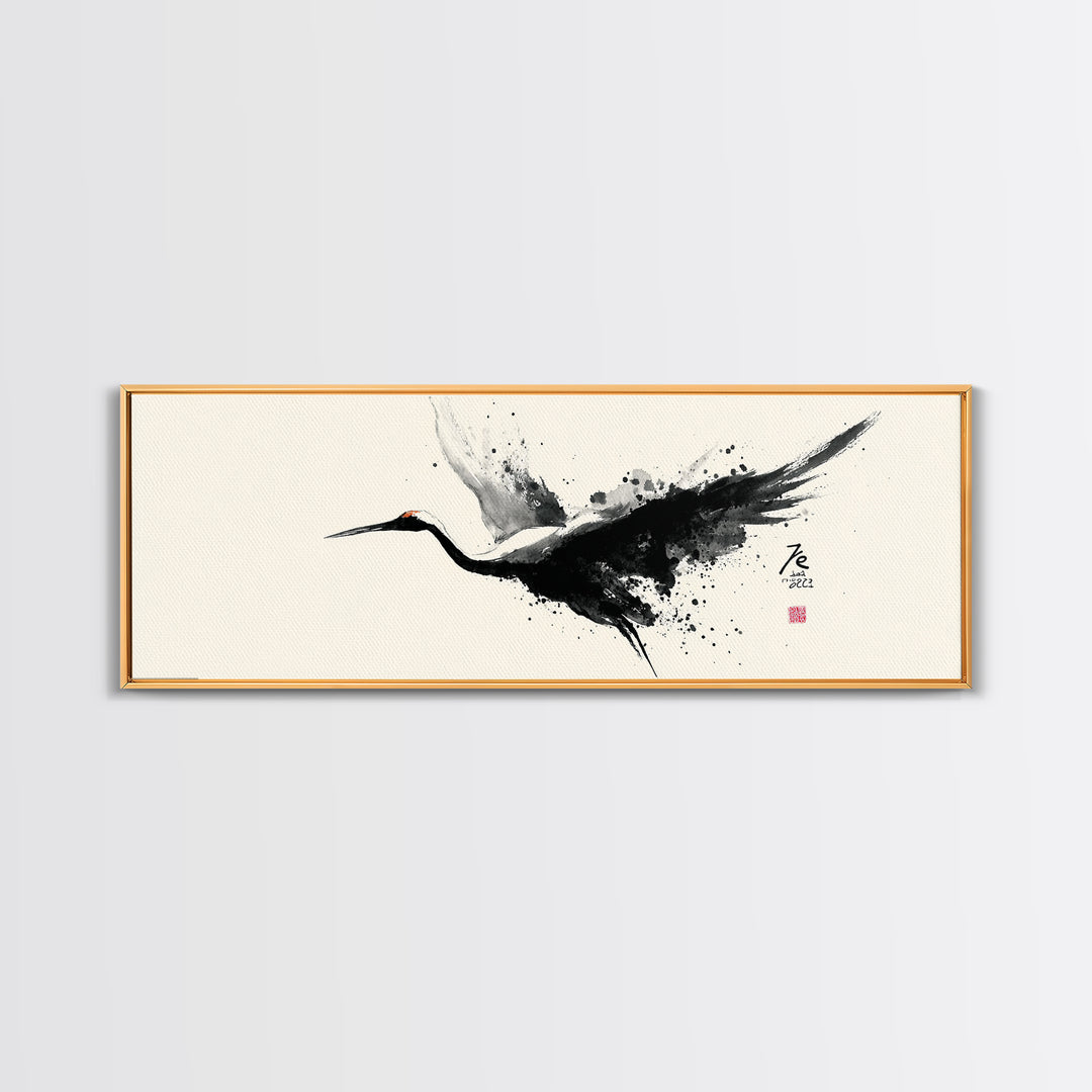Black Ink Crane Wall Art, Japanese Brush Canvas Print, Minimalist Bird Art, Black And White Art, Zen Wall Decor, Asian Inspired Art