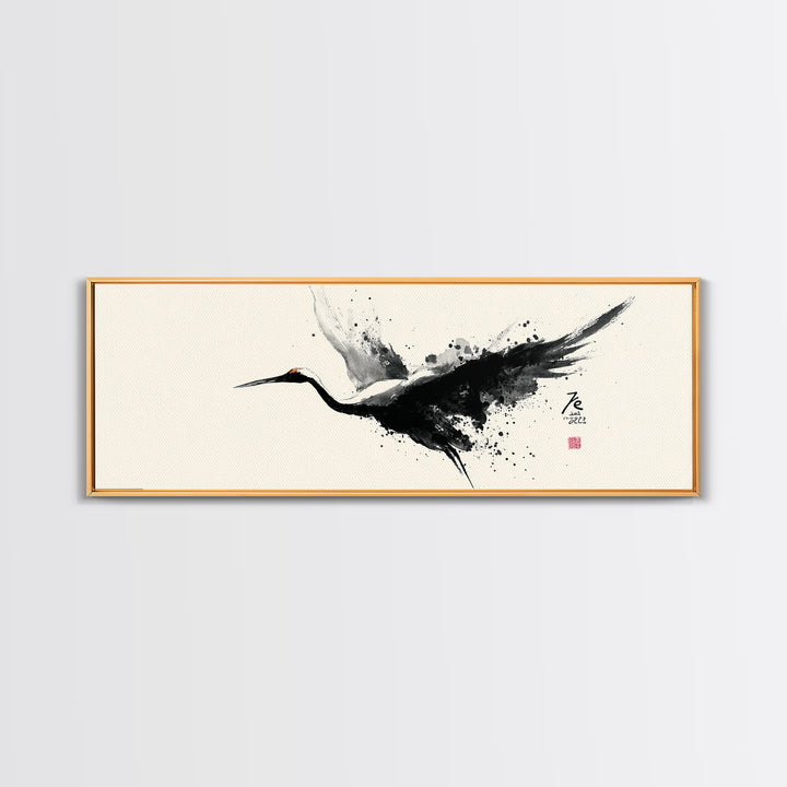 Black Ink Crane Wall Art, Japanese Brush Canvas Print, Minimalist Bird Art, Black And White Art, Zen Wall Decor, Asian Inspired Art