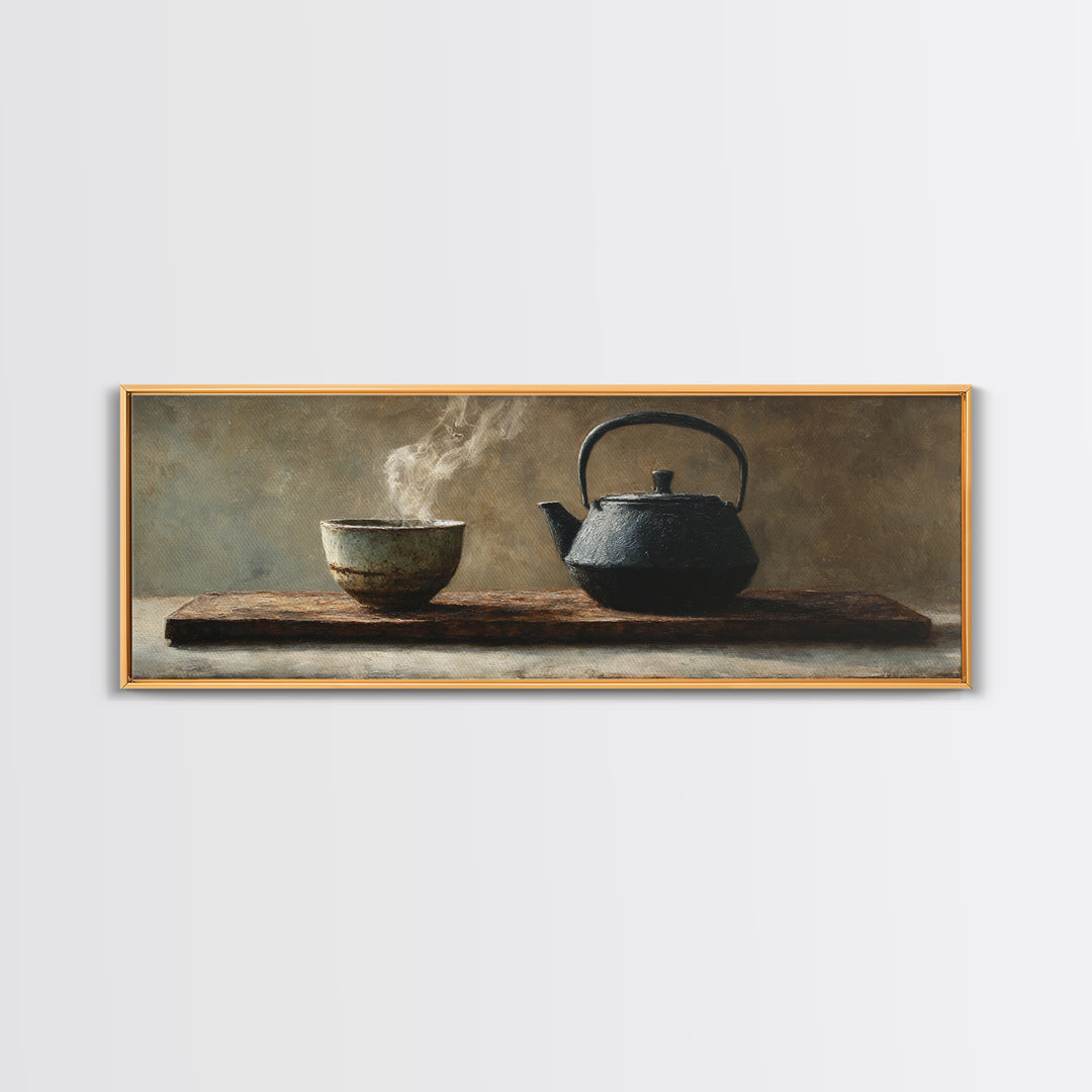 Wabi Sabi Tea Bowl And Cast Iron Teapot Wall Art, Zen Kitchen Still Life, Japanese Minimalist Decor, Framed Canvas Print