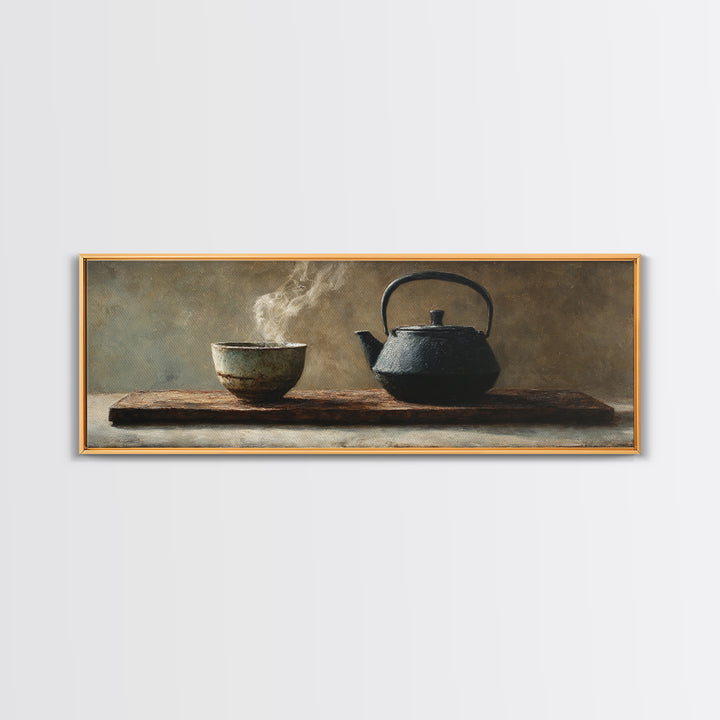 Wabi Sabi Tea Bowl And Cast Iron Teapot Wall Art, Zen Kitchen Still Life, Japanese Minimalist Decor, Framed Canvas Print