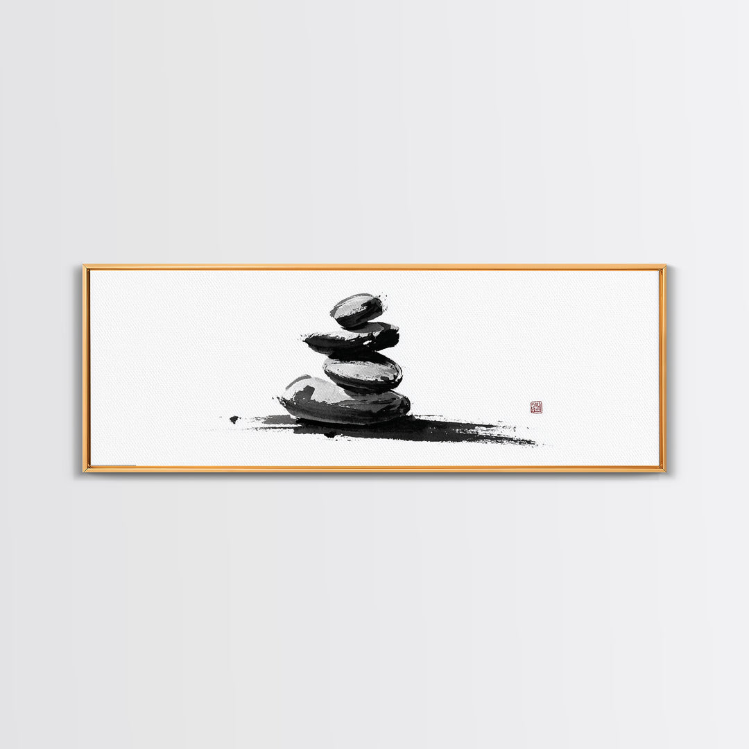 Stacked Zen Stones Canvas Print, Minimalist Wall Art, Sumi Ink Painting, Spa Decor, Meditation Room, Neutral Home Decor Art
