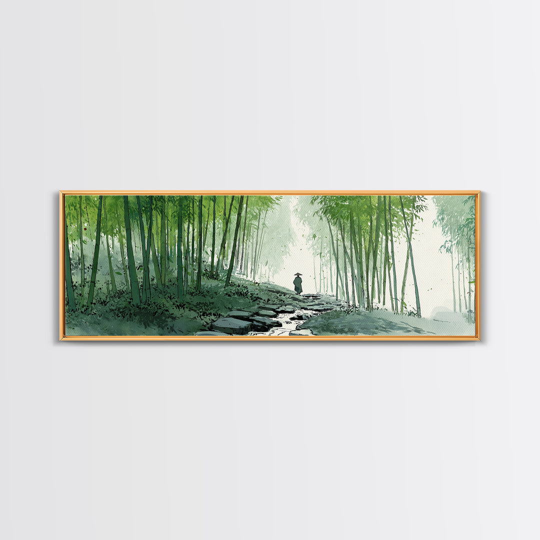 Bamboo Forest Path Canvas Print, Japanese Zen Landscape Wall Art, Green Nature Painting, Japandi Meditation Room Decor Print