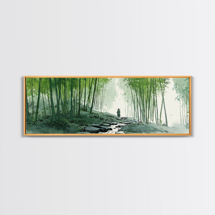 Bamboo Forest Path Canvas Print, Japanese Zen Landscape Wall Art, Green Nature Painting, Japandi Meditation Room Decor Print