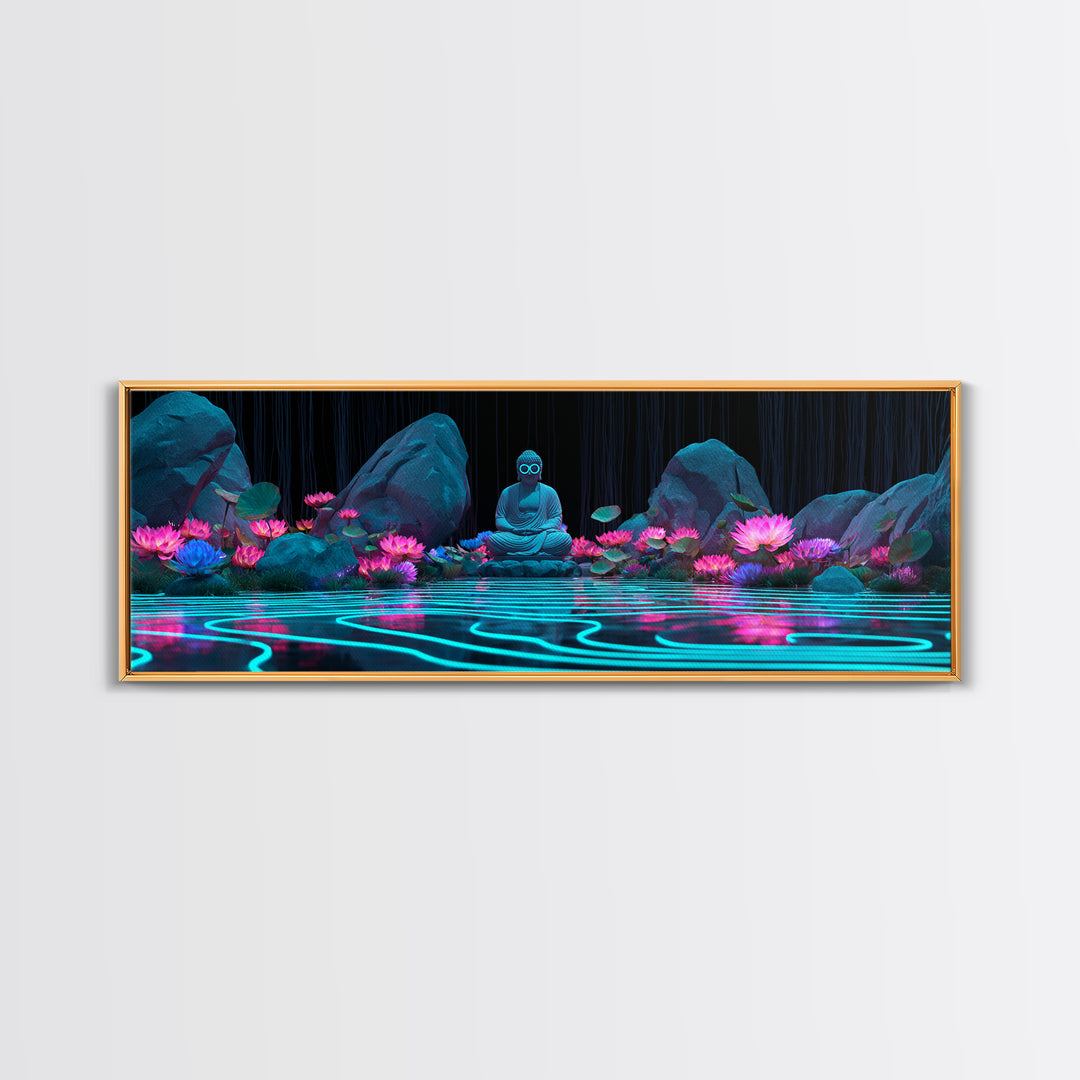 Neon Buddha Lotus Pond Wall Art, Zen Meditation Canvas, Spiritual Decor, Japandi Wall Decor, Yoga Room, Calming Art Print