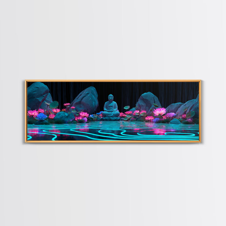 Neon Buddha Lotus Pond Wall Art, Zen Meditation Canvas, Spiritual Decor, Japandi Wall Decor, Yoga Room, Calming Art Print