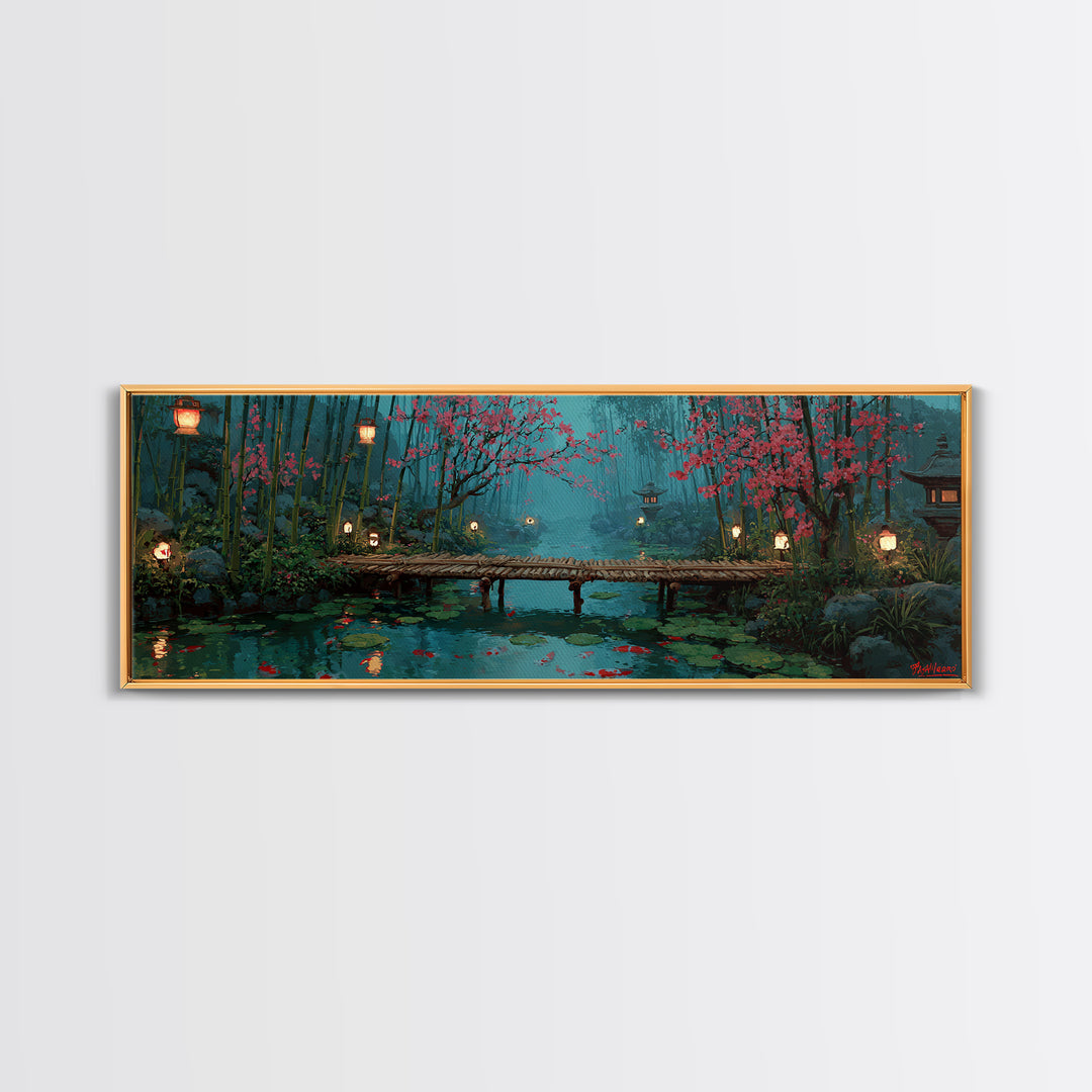 Cherry Blossom Bamboo Pond Wall Art, Japanese Lantern Bridge Canvas, Serene Zen Landscape, Japandi Living Room Decor, Calming Home Decor