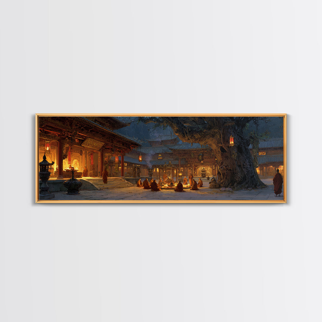 Snowy Temple Courtyard Wall Art, Lantern Lit Monastery Framed Canvas Print, Asian Inspired Decor, Meditation Room Art, Zen Decor