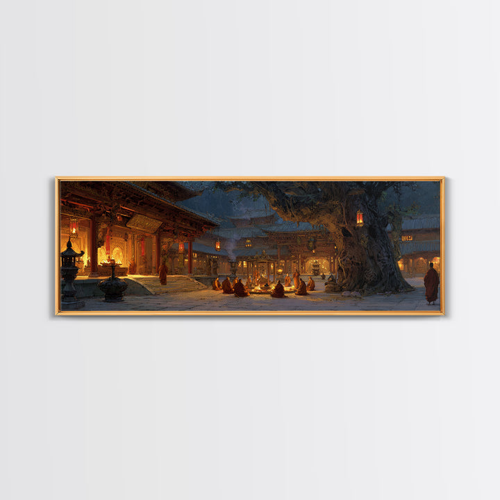 Snowy Temple Courtyard Wall Art, Lantern Lit Monastery Framed Canvas Print, Asian Inspired Decor, Meditation Room Art, Zen Decor