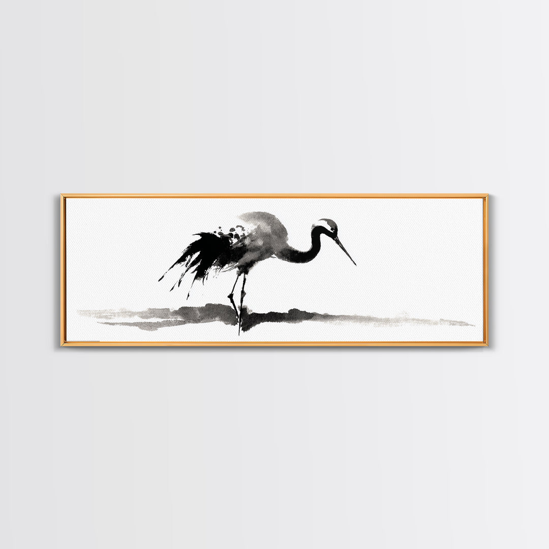 Black Ink Crane Wall Art, Minimalist Bird Painting Canvas Print, Japanese Wall Decor, Zen Home Decor, Black And White Art