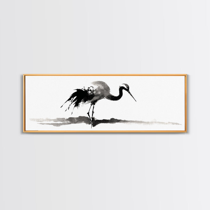 Black Ink Crane Wall Art, Minimalist Bird Painting Canvas Print, Japanese Wall Decor, Zen Home Decor, Black And White Art