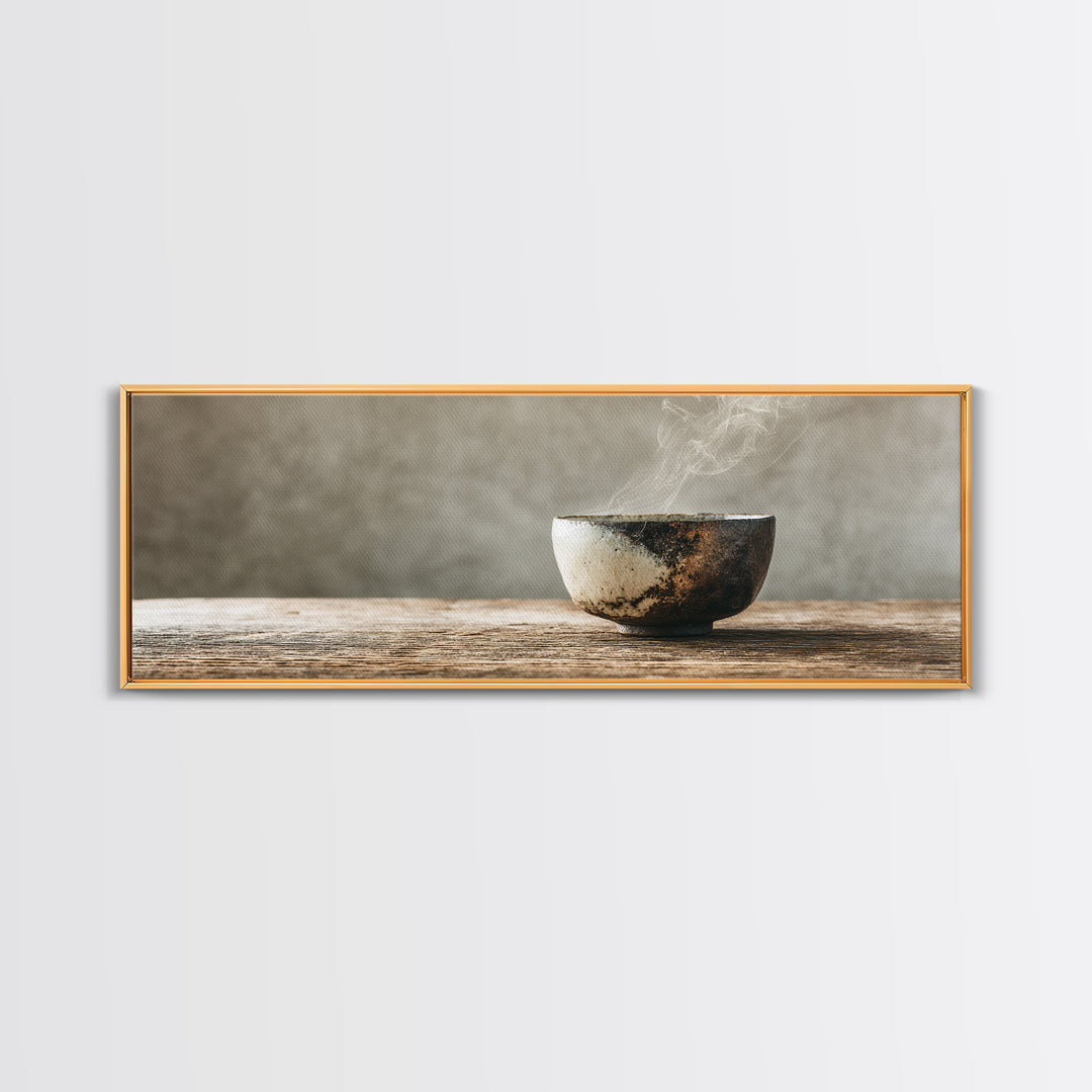 Steaming Wabi Sabi Ceramic Bowl Wall Art, Neutral Kitchen Canvas Print, Japandi Dining Room Decor, Minimalist Zen Fine Art Print