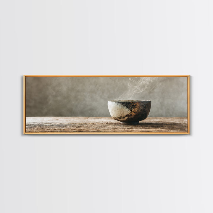 Steaming Wabi Sabi Ceramic Bowl Wall Art, Neutral Kitchen Canvas Print, Japandi Dining Room Decor, Minimalist Zen Fine Art Print