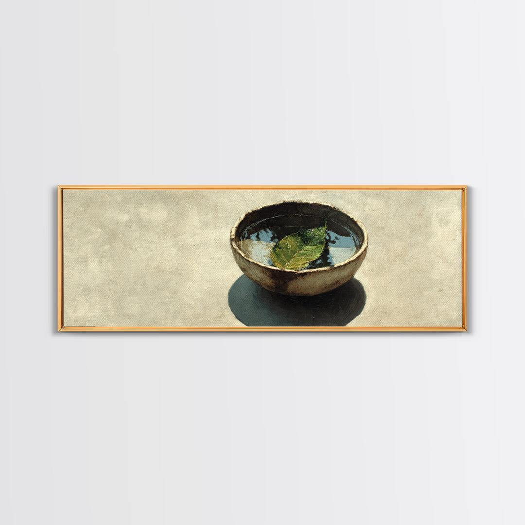 Rustic Bowl With Floating Leaf Canvas Print, Wabi Sabi Wall Art, Minimalist Still Life, Japandi Zen Home Decor, Neutral Kitchen Art Print