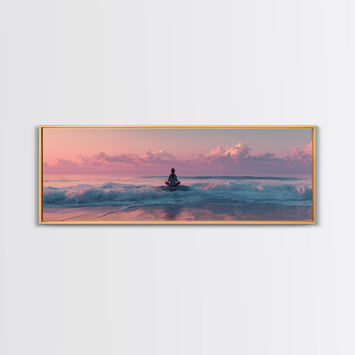 Peaceful Ocean Meditation Canvas Print, Pink Sunset Beach Wall Art, Coastal Yoga Decor, Seascape Art, Calming Bedroom Decor