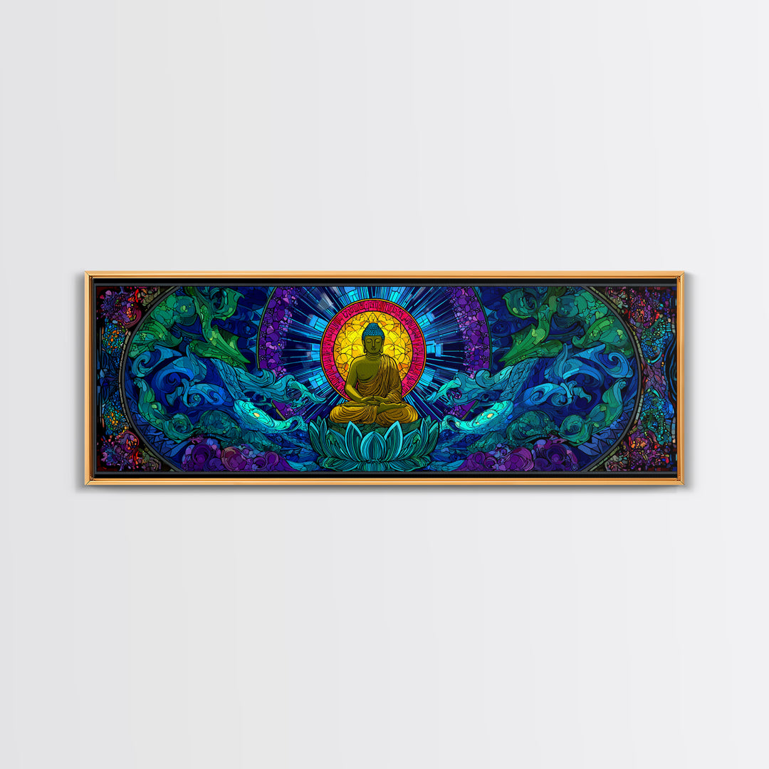Stained Glass Buddha Ocean Wave Wall Art, Lotus Meditation Canvas Print, Colorful Zen Spiritual Yoga Room Home Decor Gift