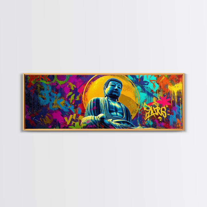 Colorful Graffiti Buddha Wall Art, Pop Art Meditation Decor, Vibrant Urban Street Art, Spiritual Yoga Room Framed Canvas Print