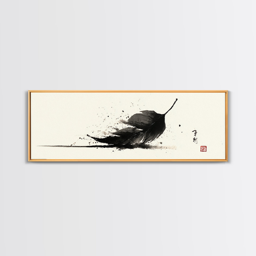 Black Ink Feather Japanese Sumi Wall Art, Minimalist Black And White Art Print, Zen Nature Decor For Office Or Bedroom Wall Decor