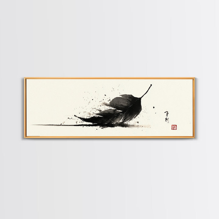 Black Ink Feather Japanese Sumi Wall Art, Minimalist Black And White Art Print, Zen Nature Decor For Office Or Bedroom Wall Decor