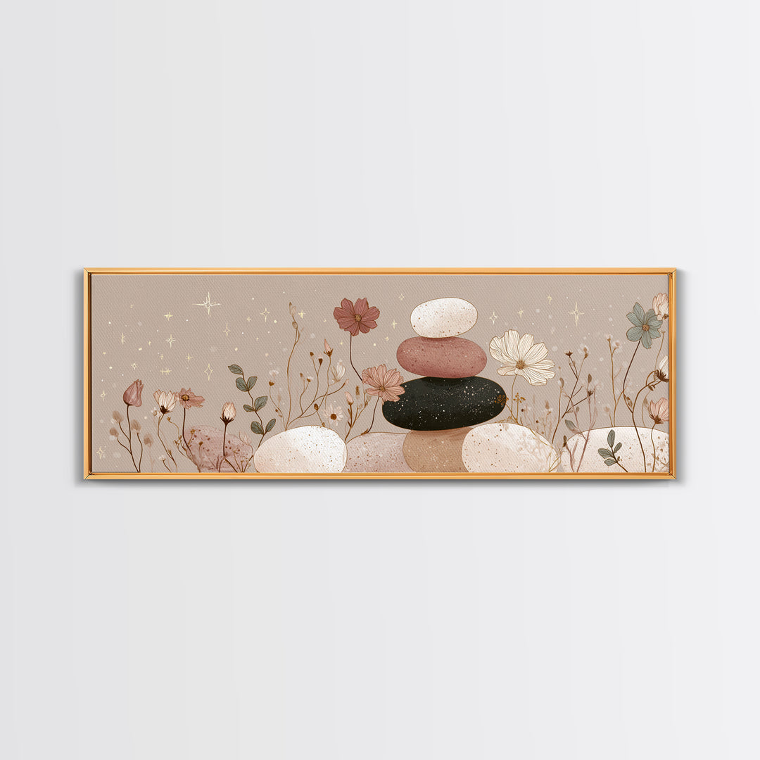 Stacked Zen Stones And Wildflowers Wall Art, Neutral Spa Canvas Print, Mindfulness Decor, Calming Boho Bathroom Art Gift