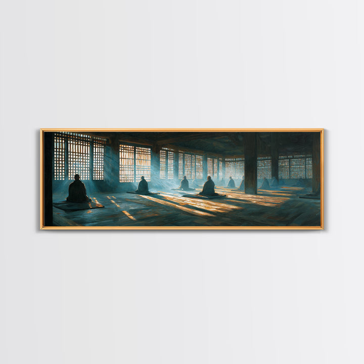 Meditation Hall With Monks And Sunbeams Wall Art, Zen Framed Canvas Print, Spiritual Decor, Yoga Studio, Prayer Room Art