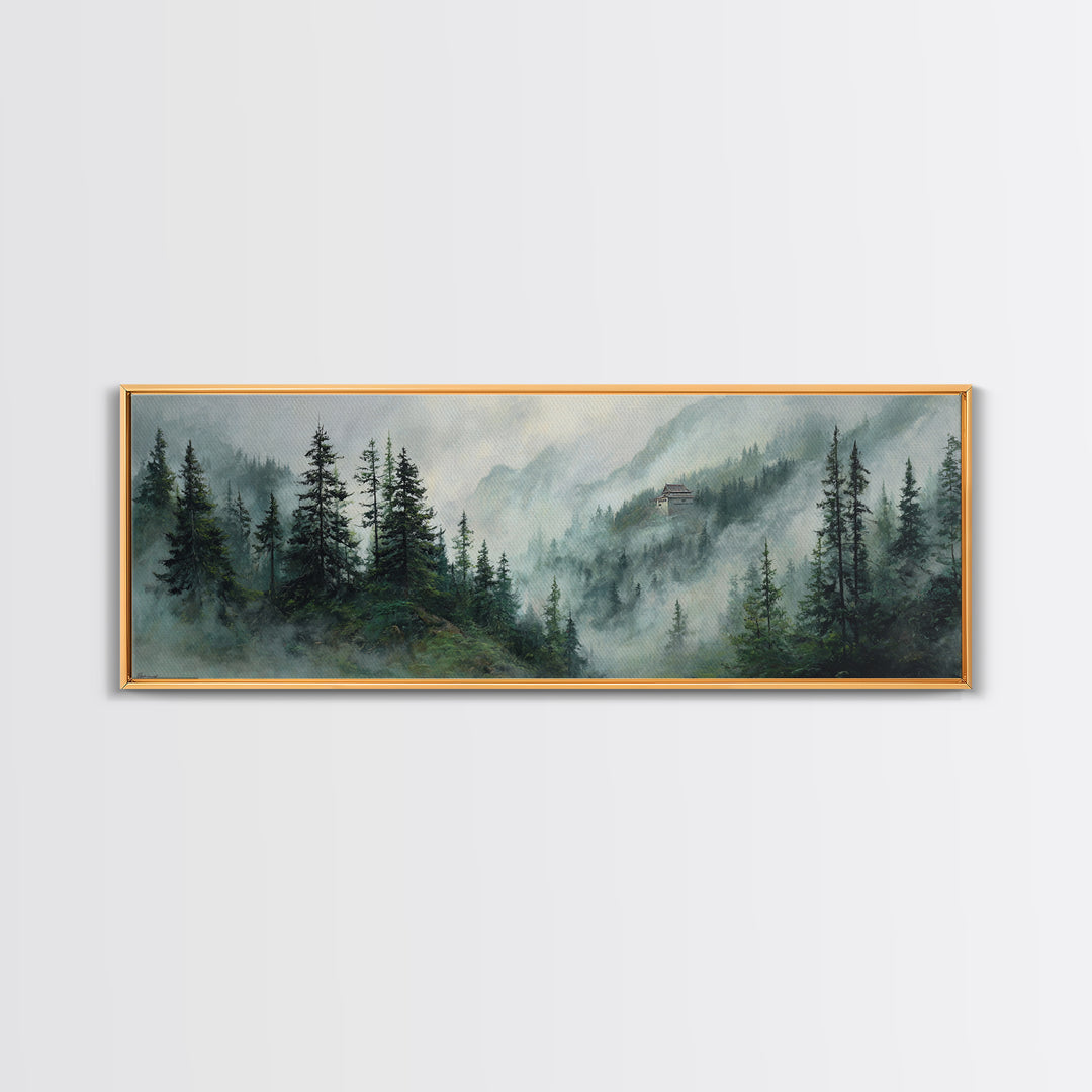 Misty Pine Mountain Temple Wall Art, Foggy Evergreen Forest Landscape, Japandi Nature Decor, Long Horizontal Canvas Print
