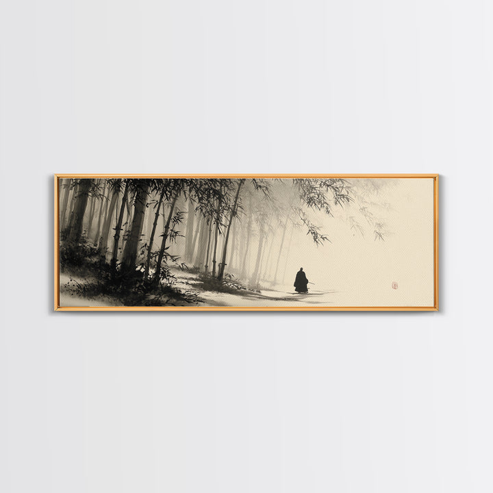 Misty Bamboo Forest Monk In Ink Wash Framed Canvas Print, Japanese Wall Art, Zen Meditation Decor, Japandi Home Decor, Calming Wall Decor