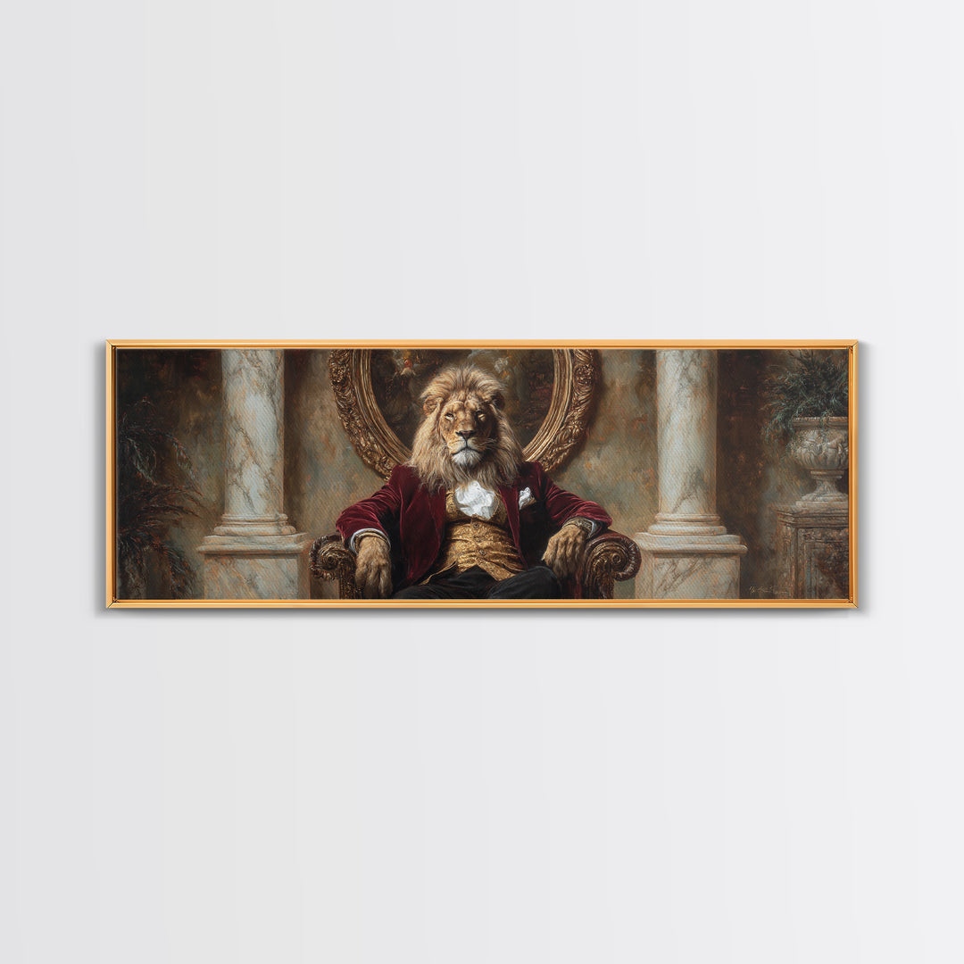 Velvet Throne Lion King Framed Canvas Print, Royal Animal Portrait, Bold Baroque Wall Decor, Luxury Office Art, Gift For Him