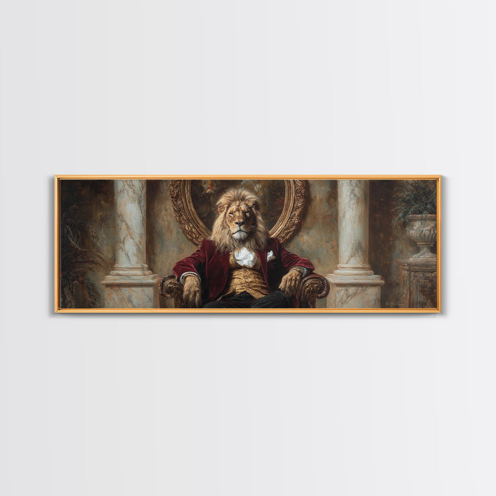 Velvet Throne Lion King Framed Canvas Print, Royal Animal Portrait, Bold Baroque Wall Decor, Luxury Office Art, Gift For Him