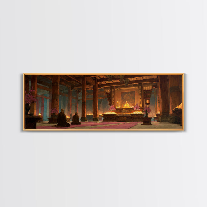 Candlelit Buddhist Temple Meditation Wall Art, Zen Canvas Print For Yoga Room Decor, Spiritual Home Decor And Prayer Room