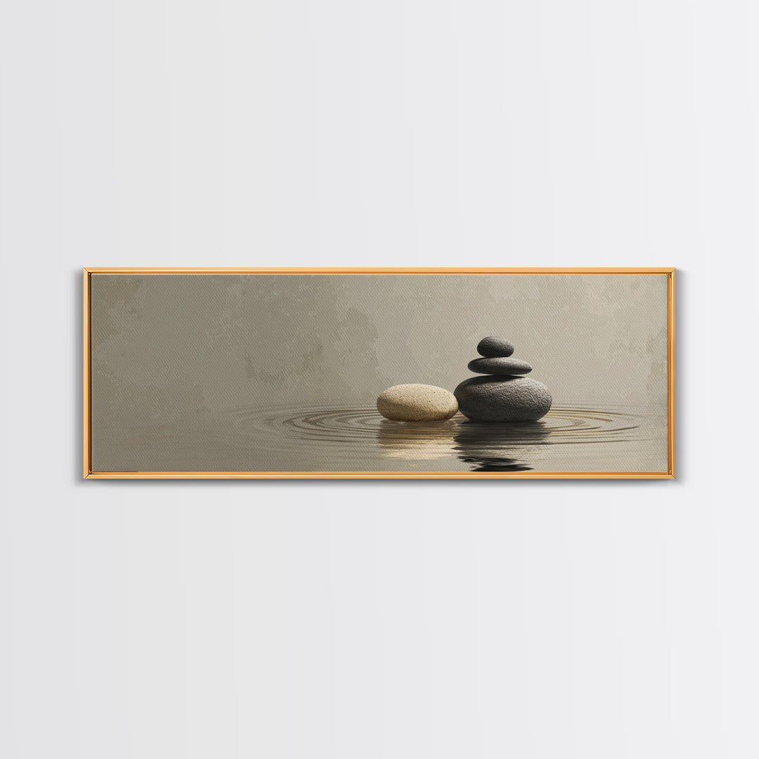 Zen Stacked Stones Framed Canvas Print, Neutral Water Reflection, Minimalist Spa Wall Art, Calm Japandi Meditation Room Home Decor
