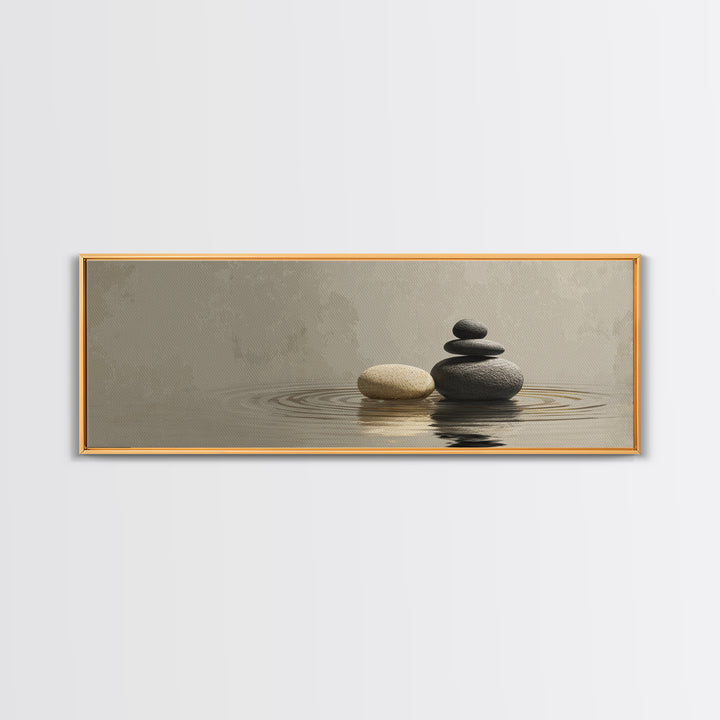 Zen Stacked Stones Framed Canvas Print, Neutral Water Reflection, Minimalist Spa Wall Art, Calm Japandi Meditation Room Home Decor