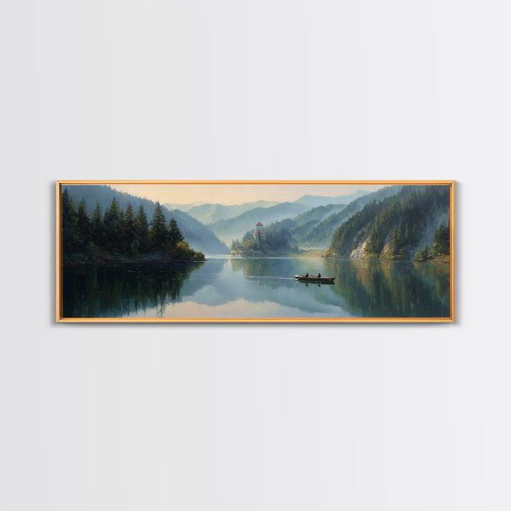 Misty Mountain Lake Boat Wall Art, Serene Landscape Canvas Print, Cabin Decor, Nature Painting, Large Living Room Decor, Housewarming Gift