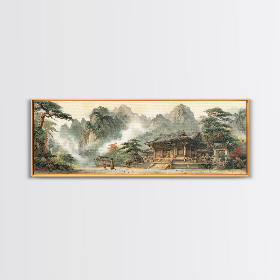 Korean Mountain Temple Wall Art, Asian Landscape Canvas Print, Zen Wall Decor, Traditional Home Art, Fine Art Print, Meditation Room Art