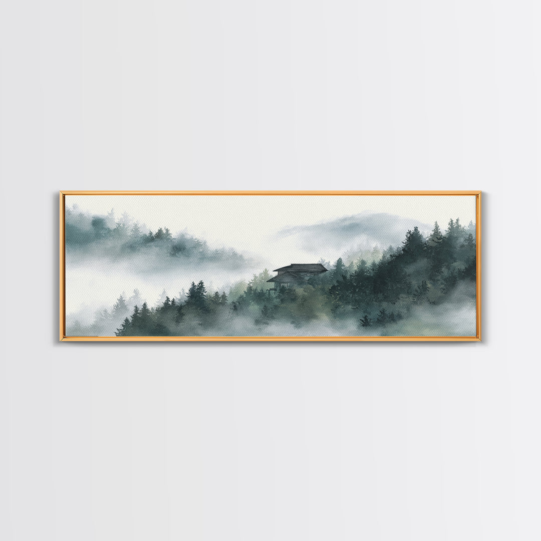 Misty Forest Cabin In Mountain Fog Wall Art, Japandi Landscape Print, Calming Nature Decor, Neutral Home Decor For Living Room