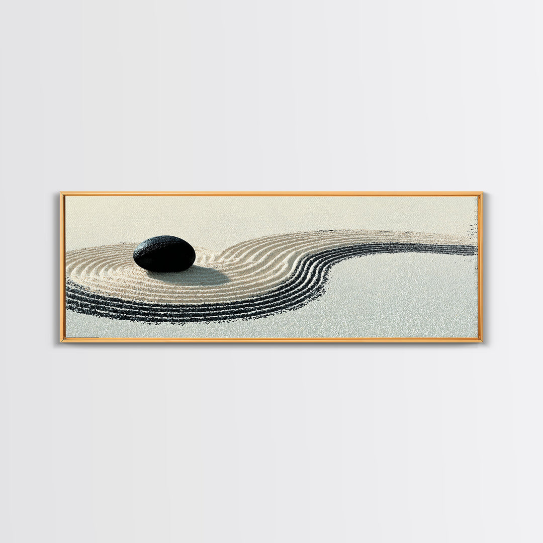 Black Stone Zen Garden Wall Art, Minimalist Sand Ripple Canvas Print, Japandi Spa Decor, Neutral Meditation Room Poster Print