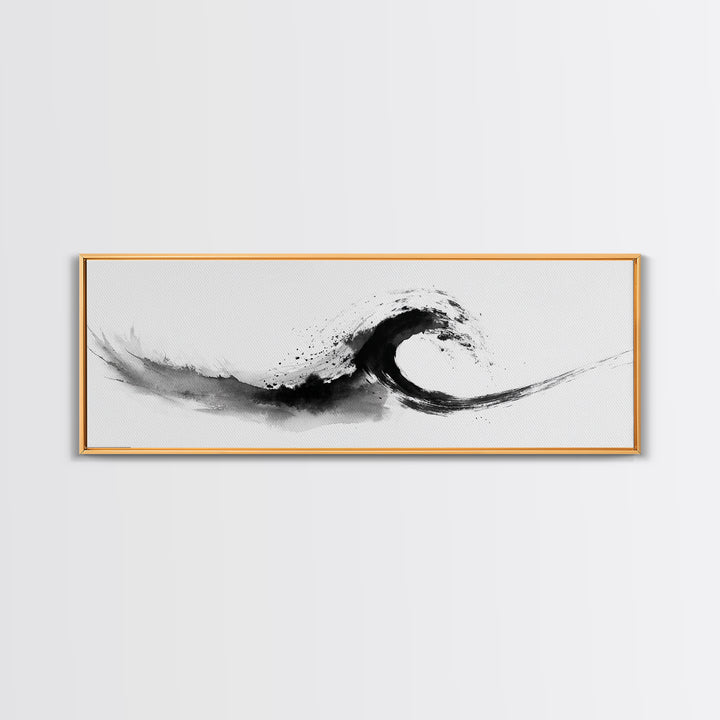 Black Ink Wave Minimalist Seascape Wall Art, Japanese Sumi Ocean Print, Coastal Zen Decor, Modern Black And White Art, Long Horizontal Art