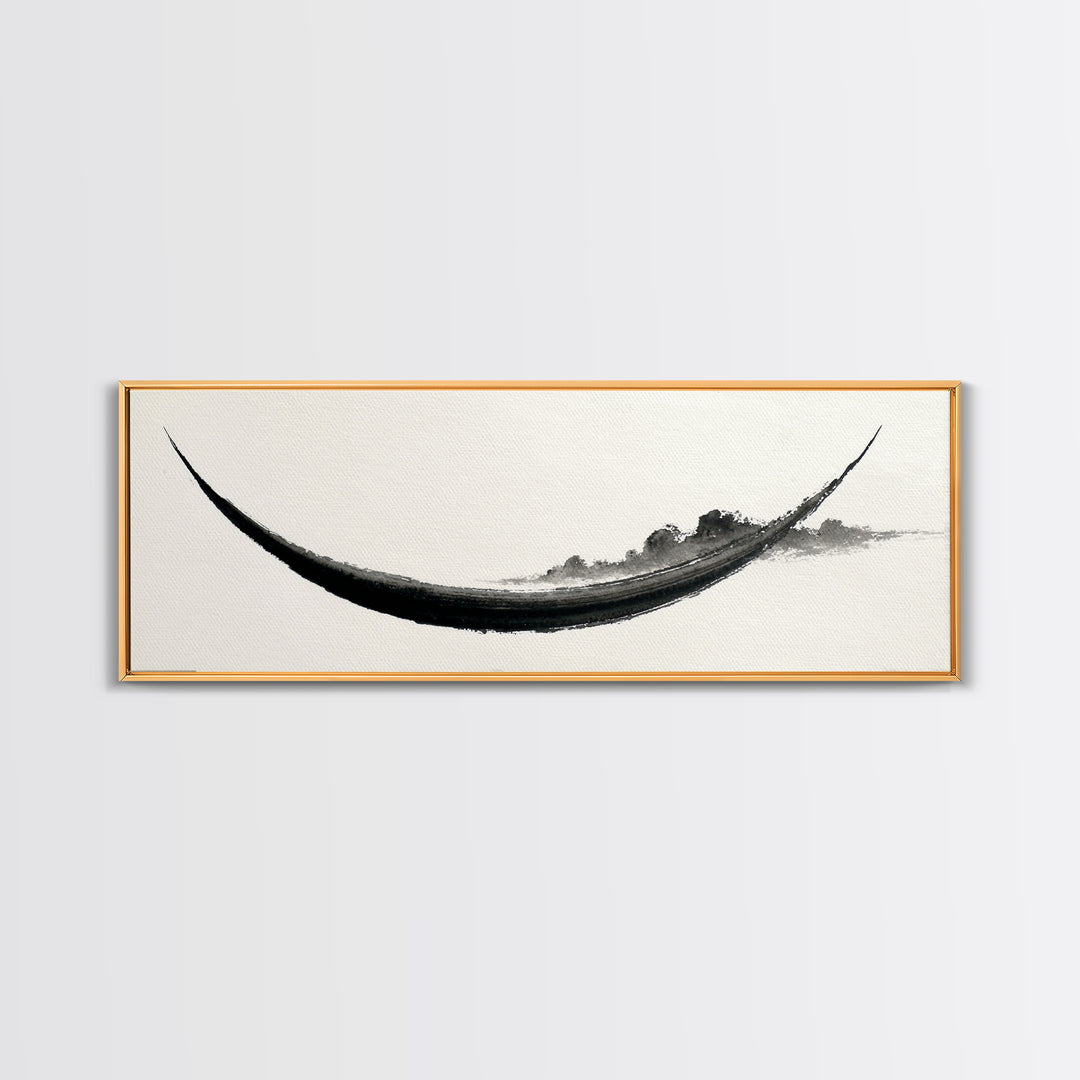 Minimal Black Ink Boat Wall Art, Japanese Zen Canvas Print, Monochrome Abstract, Wabi Sabi Decor, Long Horizontal Art Print