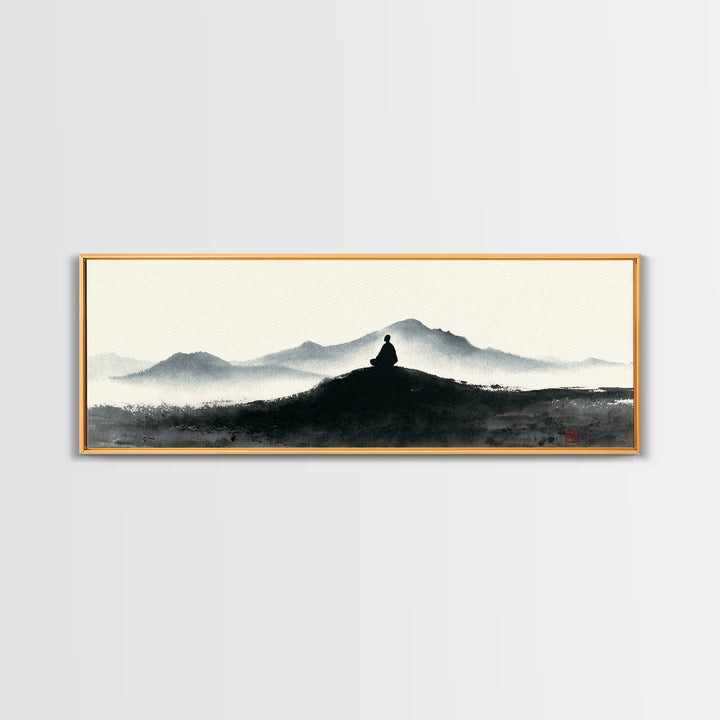 Minimalist Monk Mountain Wall Art, Japanese Ink Wash Landscape, Zen Meditation Decor, Black And White Framed Canvas Print