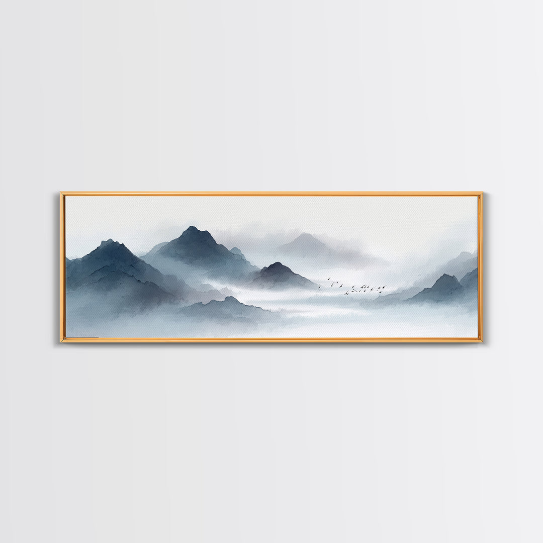 Misty Ink Mountain Landscape Canvas Print, Minimalist Japanese Wall Art, Black And White Zen Decor, Calming Office Art Print