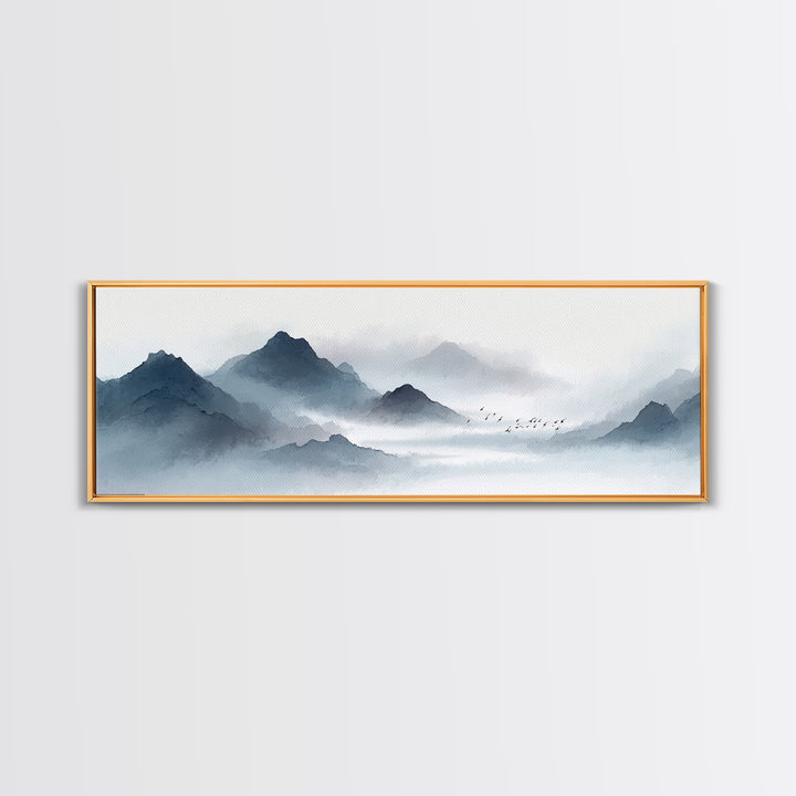 Misty Ink Mountain Landscape Canvas Print, Minimalist Japanese Wall Art, Black And White Zen Decor, Calming Office Art Print