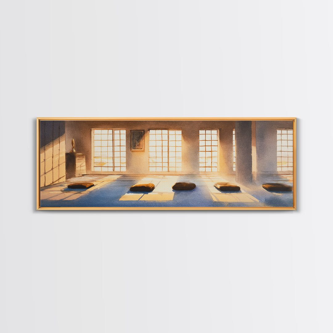 Sunlit Meditation Room With Floor Cushions Canvas Print, Zen Wall Art, Yoga Studio Decor, Calm Minimalist Spa Home Decor