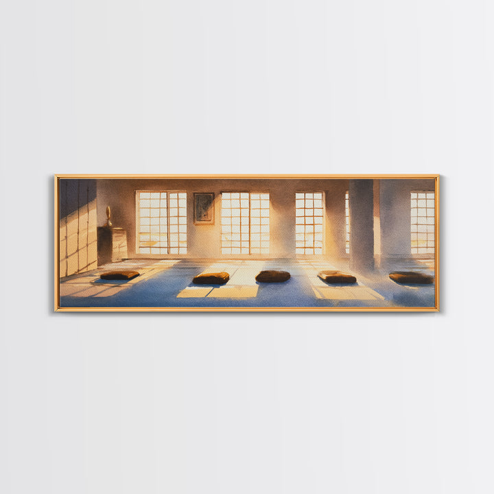 Sunlit Meditation Room With Floor Cushions Canvas Print, Zen Wall Art, Yoga Studio Decor, Calm Minimalist Spa Home Decor