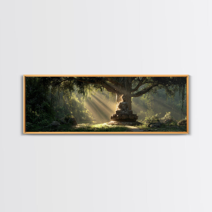 Buddha Statue In Sunlit Forest Wall Art, Zen Meditation Canvas Print, Spiritual Home Decor, Calming Nature Artwork Gift Idea