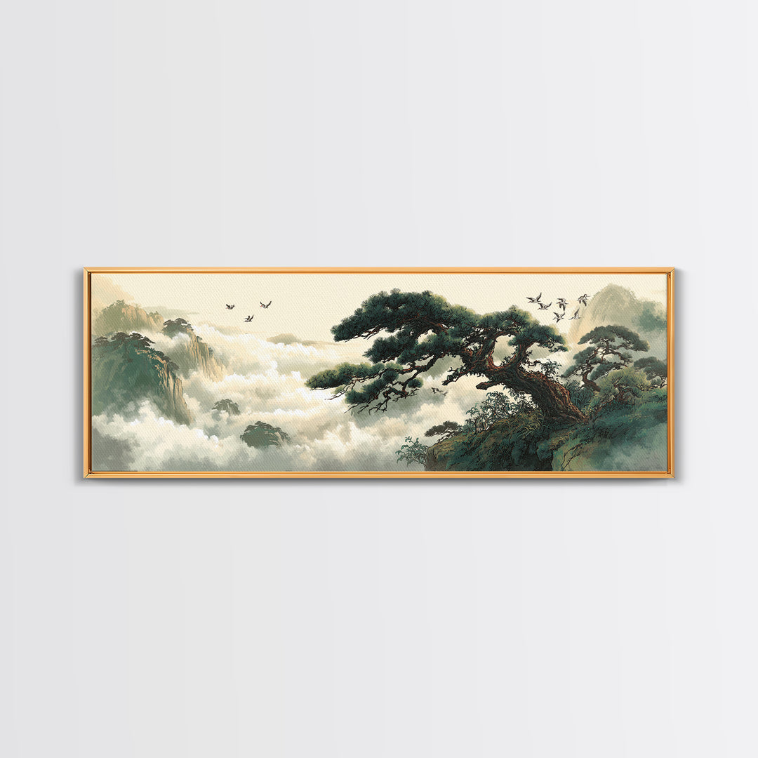 Misty Pine Mountain Landscape Wall Art, Asian Zen Framed Canvas Print, Japandi Nature Decor For Living Room And Office Home Decor