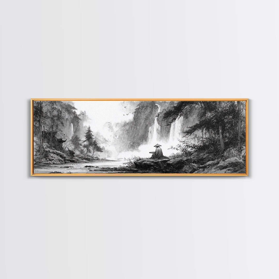 Black And White Waterfall Monk Wall Art, Japanese Landscape Print, Zen Meditation Decor, Nature Art For Office Or Living Room