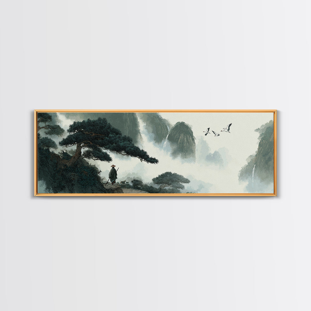 Misty Mountain Pine Landscape Wall Art, Japanese Ink Style Canvas, Zen Nature Print, Panoramic Living Room Decor, Calming Office Decor