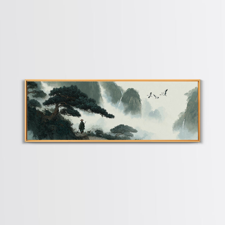 Misty Mountain Pine Landscape Wall Art, Japanese Ink Style Canvas, Zen Nature Print, Panoramic Living Room Decor, Calming Office Decor