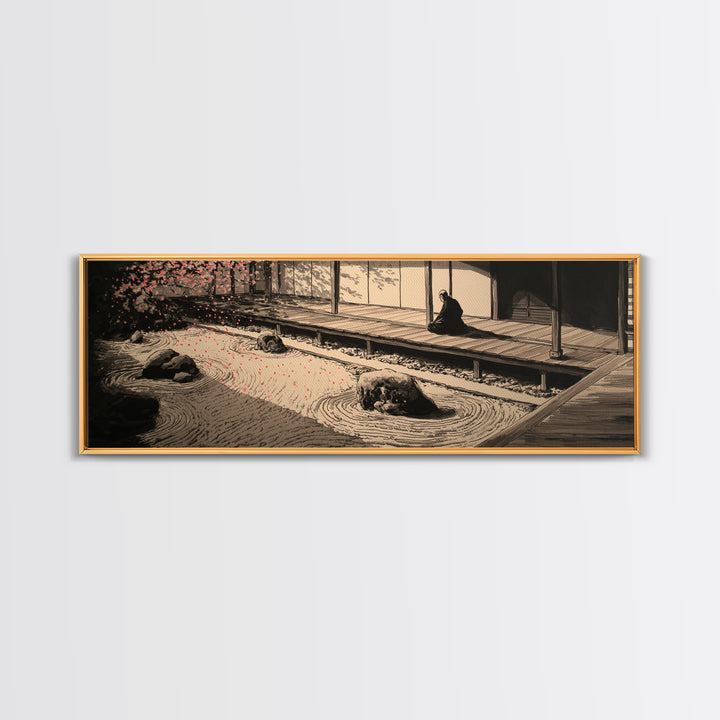 Japanese Zen Garden With Monk Canvas Print, Minimalist Sand Rake Wall Art, Japandi Meditation Decor For Tea Room And Home Decor
