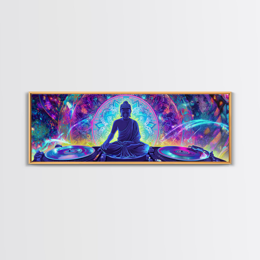 Neon Buddha DJ Canvas Print, Psychedelic Meditation Wall Art, Spiritual Decor, Yoga Studio, Music Room, Vibrant Home Decor